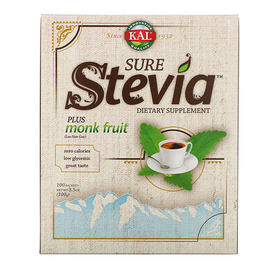 KAL Sure Stevia, Plus Monk Fruit, 100 Packets, 3.5 oz (100 g)