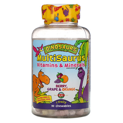 KAL Dinosaurs, MultiSaurus, витамины и минералы, ягоды, виноград и апельсин, 90 жевательных таблеток