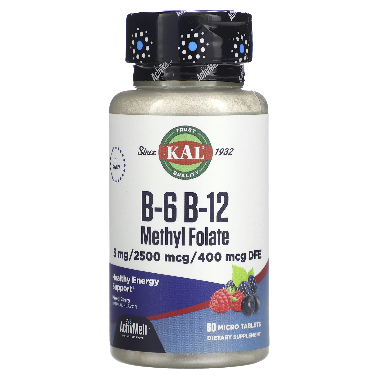 KAL, B-6 B-12 Methyl Folate, Mixed Berry, 60 Micro Tablets