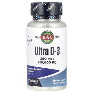 KAL, Ultra D-3, витамин D3, с нейтральным вкусом, 250 мкг (10 000 МЕ), 90 мини-таблеток