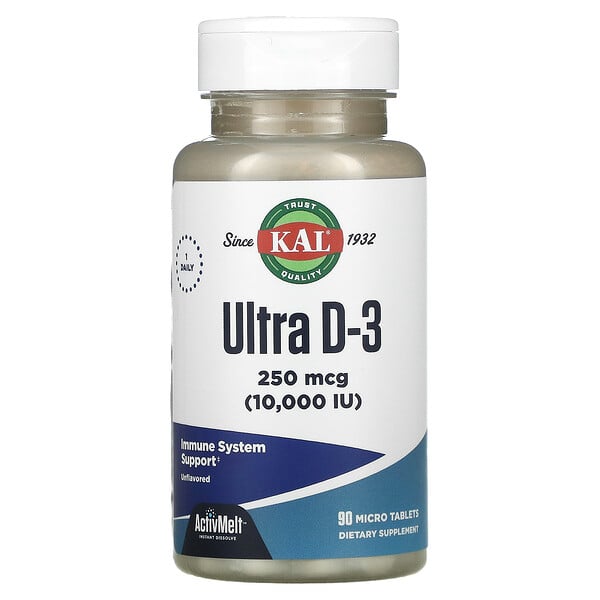 KAL, Ultra D-3, Unflavored, 250 mcg (10,000 IU), 90 Micro Tablets