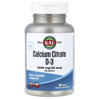 KAL, Citrato de calcio D-3, 25 mcg / 1000 mg, 90 comprimidos