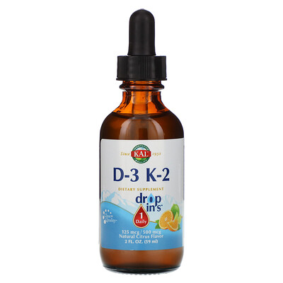 KAL Drop Ins, витамины D-3 и K-2, натуральный цитрусовый вкус, 2 ж. унц. (59 мл)