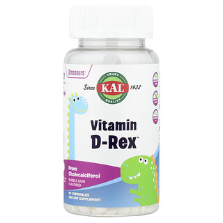 KAL, Dinosaurs®, витамин D-Rex™, жевательная жевательная таблетка, 90 жевательных таблеток (10 мкг в одной жевательной таблетке)