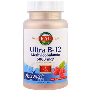 KAL, Ультра B-12 метилкобаламин, малина лесная, 5000 мкг, 90 микротаблеток