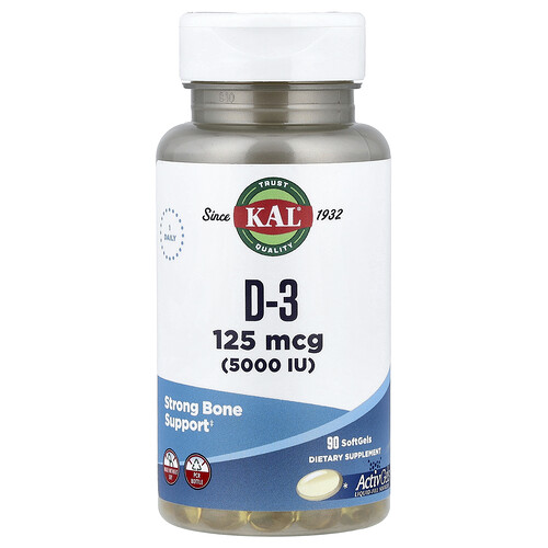 KAL, D-3（ビタミンD3）、125mcg（5,000 IU）、ソフトジェル90粒