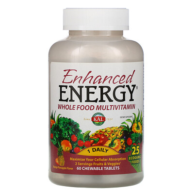 KAL, Enhanced Energy, Whole Food Multivitamin, Mango Pineapple Flavor, 60 Chewable Tablets