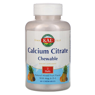 KAL, أقراص سترات الكالسيوم للمضغ، نكهة خليط فاكهة طبيعية، 60 قرصاً للمضغ