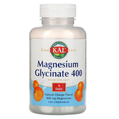 KAL глицинат магния, 400 мг, натуральный ароматизатор со вкусом апельсина, 120 жевательных таблеток