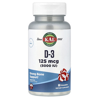 KAL, D-3, piparminttu, 125 mikrogrammaa (5 000 IU), 60 pureskelutablettia