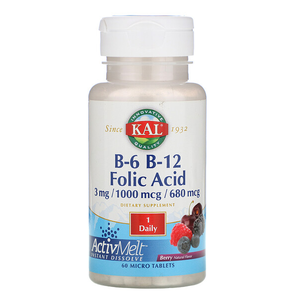 KAL, B-6, B-12, ΡΠΎΠ»ΠΈΠ΅Π²Π°Ρ ΠΊΠΈΡΠ»ΠΎΡΠ°, ΡΠ³ΠΎΠ΄Π°, 60 ΠΌΠΈΠΊΡΠΎΡΠ°Π±Π»Π΅ΡΠΎΠΊ