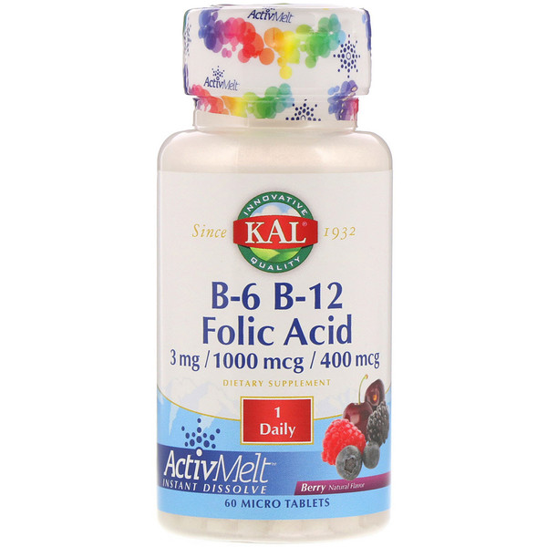 KAL, B-6, B-12, ΡΠΎΠ»ΠΈΠ΅Π²Π°Ρ ΠΊΠΈΡΠ»ΠΎΡΠ°, ΡΠ³ΠΎΠ΄Π°, 60 ΠΌΠΈΠΊΡΠΎΡΠ°Π±Π»Π΅ΡΠΎΠΊ