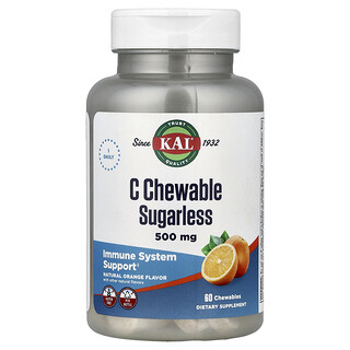 KAL, C Chewable Sugarless, Kautabletten, zuckerfrei, natürlicher Orangengeschmack, 60 Kautabletten