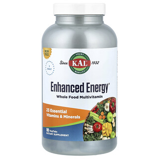 KAL, Enhanced Energy®, Suplemento multivitamínico a base de alimentos integrales, Sin hierro, 180 pestañas vegetales