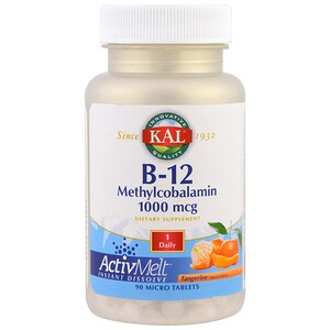 KAL, B-12 метилкобаламин, мандарин, 1000 мкг, 90 микро таблеток