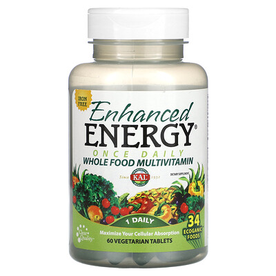 

KAL, Enhanced Energy, Once Daily Whole Food Multivitamin, Iron Free, 60 Vegetarian Tablets