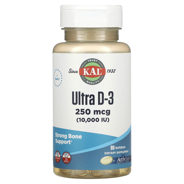 KAL, ультравитамин D3, 250 мкг (10 000 МЕ), 90 капсул