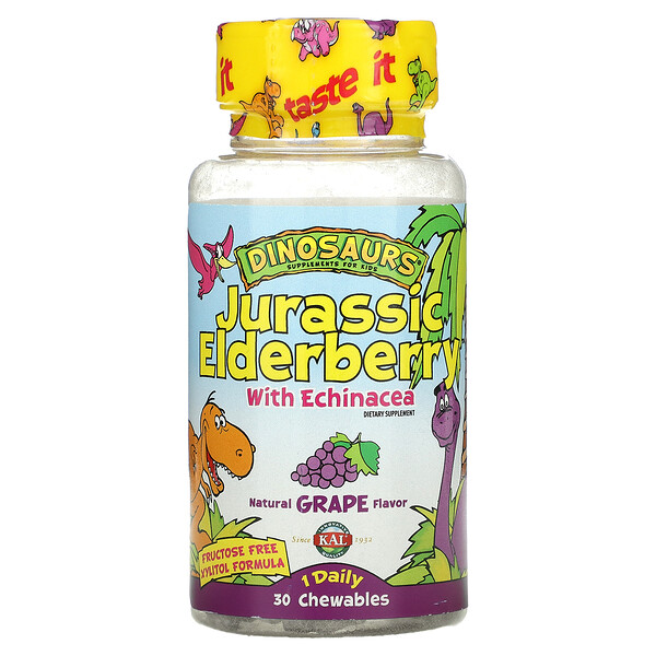 KAL, Dinosaurs, Jurassic Elderberry with Echinacea,  Natural Grape Flavor, 30 Chewables