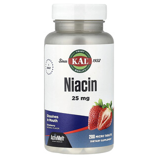 KAL, Niacin, Strawberry, 25 mg, 200 Micro Tablets