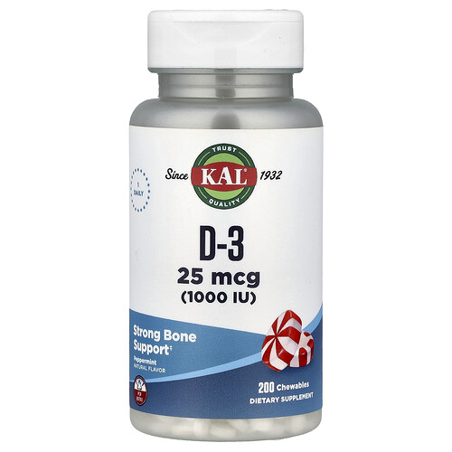 Kal D-3, Peppermint, 25 mcg (1,000 IU), 200 Chewables