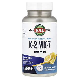 KAL, K-2 MK-7, Citron naturel, 100 µg, 30 microcomprimés