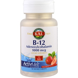 KAL, B-12 Adenosylcobalamin, Stawberry, 1000 mcg, 90 Micro Tablets