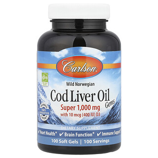 Carlson, Wild Norwegian, Cod Liver Oil Gems, 1000 mg, 100 kapsułek miękkich