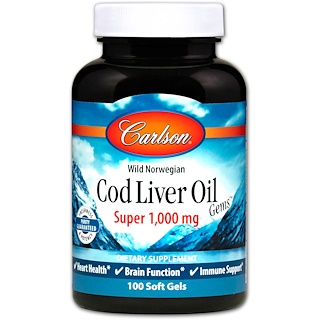 Carlson Labs, Wild Norwegian Cod Liver Oil Gems, супер, 1000 мг, 100 мягких , 1000 таблеток