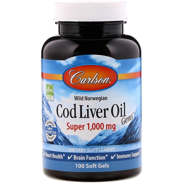 Carlson Labs‏, Cod Liver Oil Gems من سمك القد النرويجي البري، منتج فائق، 1000 ملجم، 100 كبسولة هلامية