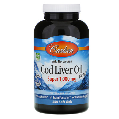 Carlson Labs Cod Liver Oil Gems, капсулы из жира печени дикой норвежской трески, высшего качества, 1000 мг, 250 капсул