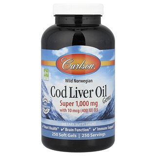 Carlson, Wild Norwegian, Cod Liver Oil Gems, 1000 mg, 250 kapsułek miękkich