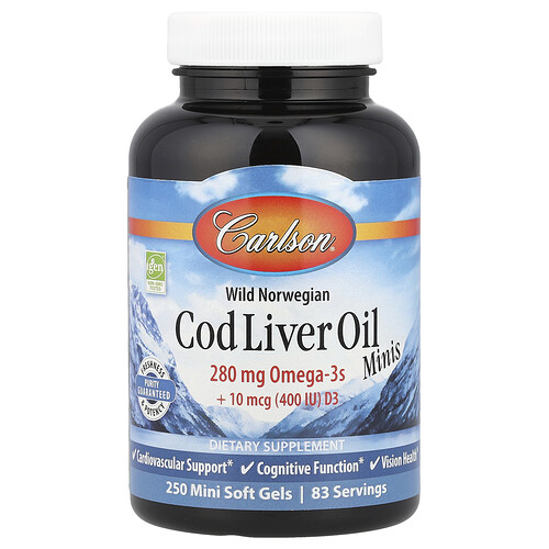 Carlson Wild Norwegian, Cod Liver Oil Minis, 250 Mini Soft Gels
