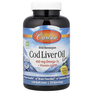 Carlson, Wild Norwegian Cod Liver Oil Gems, Natural Lemon, 150 Soft Gels