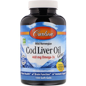 Карлсон Лэбс, Wild Norwegian, Cod Liver Oil Gems, Natural Lemon Flavor, 460 mg, 150 Soft Gels отзывы