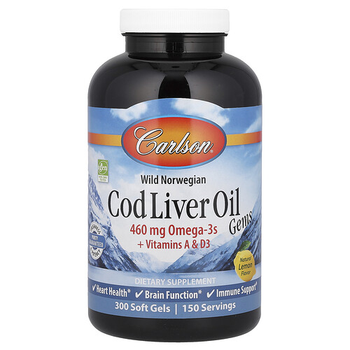 Carlson, Aceite de hígado de bacalao noruego salvaje, Gemas de aceite de hígado de bacalao, Limón natural, 300 cápsulas blandas