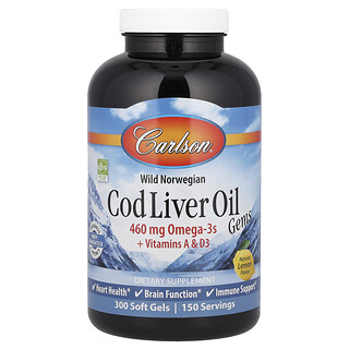 Carlson, Aceite de hígado de bacalao noruego salvaje, Gemas de aceite de hígado de bacalao, Limón natural, 300 cápsulas blandas