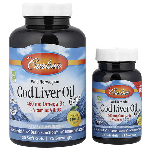 Carlson Wild Norwegian, Cod Liver Oil Gems, Lemon, 460 mg, 150 + 30 Soft Gels