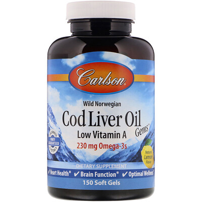 Carlson Labs Wild Norwegian, Cod Liver Oil Gems, Low Vitamin A, Natural Lemon Flavor, 230 mg, 150 Soft Gels