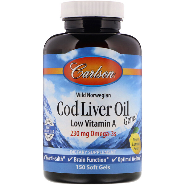 Carlson Labs‏, Wild Norwegian, Cod Liver Oil Gems, Low Vitamin A, Natural Lemon Flavor, 230 mg, 150 Soft Gels