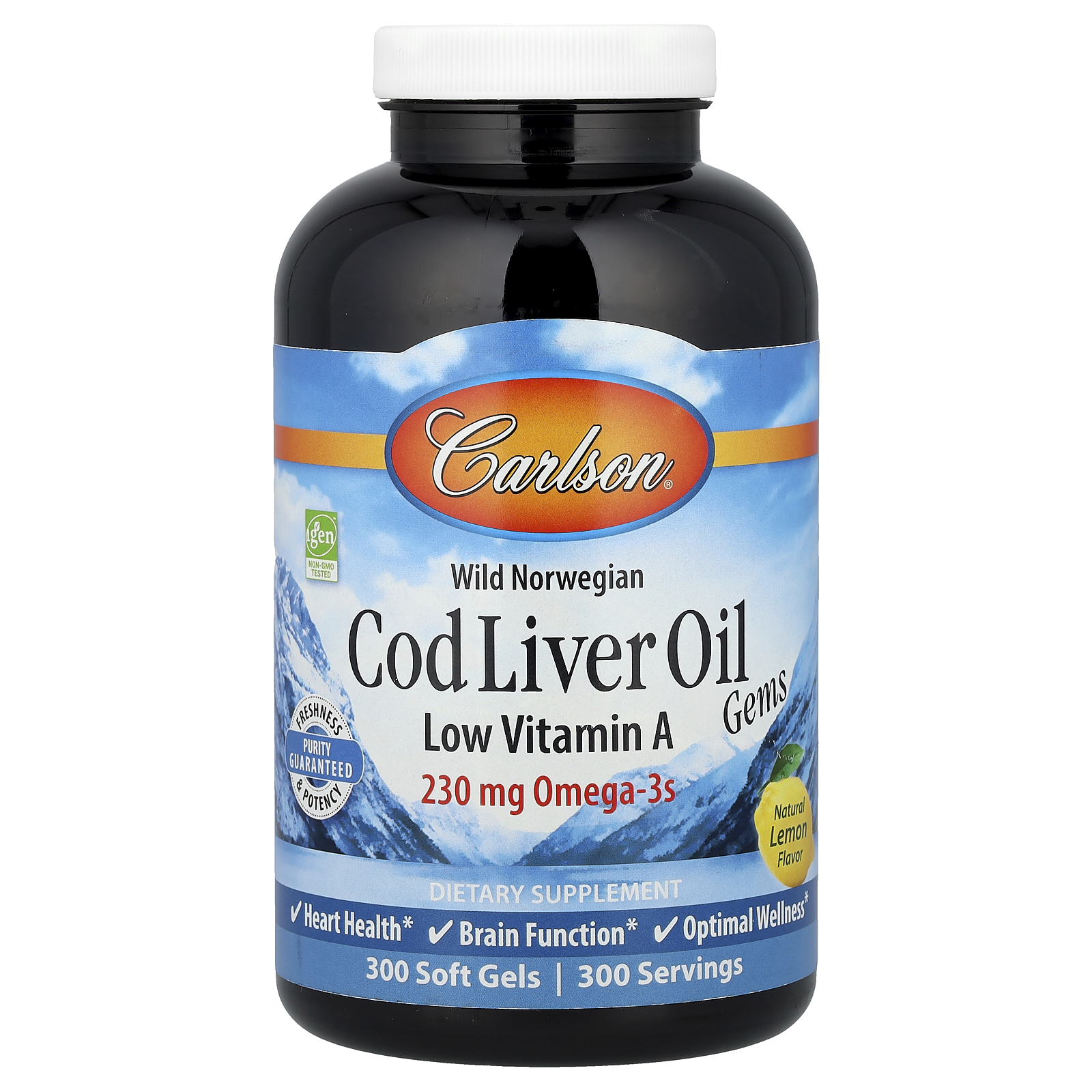 Carlson (칼슨), 노르웨이 자연산, Cod Liver Oil Gems, 저비타민A, 천연 레몬향, 소프트젤 300정
