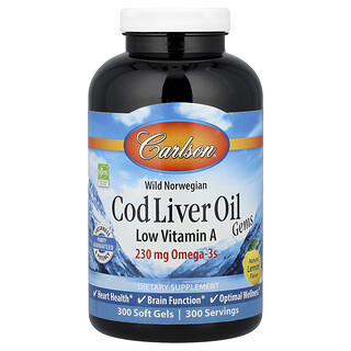 Carlson, Noruega salvaje, Aceite de hígado de bacalao en gemas, Bajo contenido de vitamina A, Limón natural, 300 cápsulas blandas