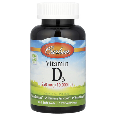 Product Image for Carlson, Vitamin D3, 250 mcg (10,000 IU), 120 Soft Gels
