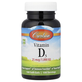 Carlson, Vitamin D3, 25 mcg (1,000 IU), 100 Soft Gels