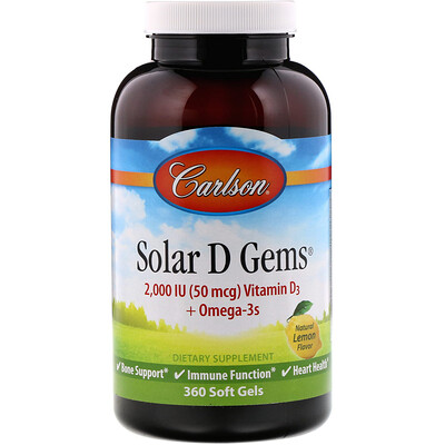 Carlson Labs Solar D Gems, витамин D3 + омега-3 кислоты, натуральный лимонный вкус, 2000 МЕ, 360 мягких таблеток