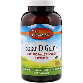 Carlson Labs, Solar D Gems، فيتامين د3 + أوميجا 3، نكهة الليمون الطبيعي، 2,000 وحدة دولية، 360، كبسولة هلامية