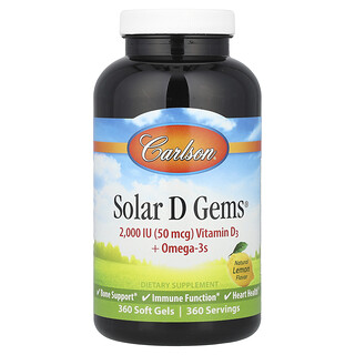 Carlson, Solar D Gems, Vitamina D3 y omega-3, Sabor natural a limón, 50 mcg (2000 UI), 360 cápsulas blandas