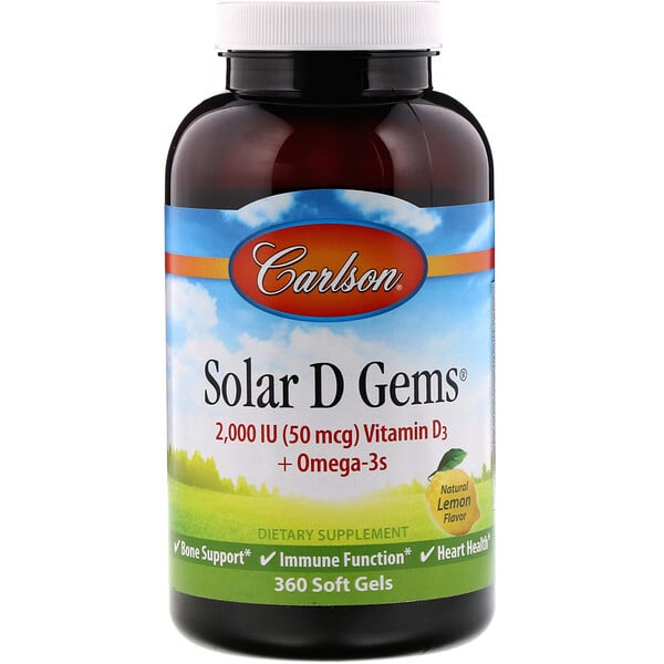Solar D Gems، فيتامين د3 + أوميجا 3، نكهة الليمون الطبيعي، 2,000 وحدة دولية، 360، كبسولة هلامية