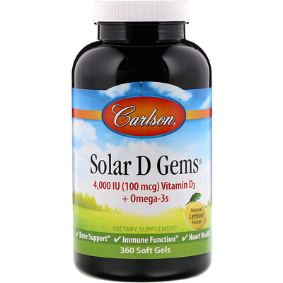 Carlson Labs Solar D Gems, натуральный лимонный вкус, 4000 МЕ, 360 мягких таблеток