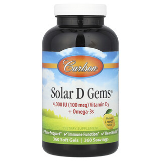 Carlson, Solar D Gems® , Vitamin D3 + Omega 3, Lemon Alami, 360 Kapsul Gel Lunak