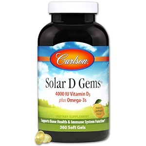 Carlson Labs, Solar D Gems, с натуральным лимонным вкусом, 360 желатиновых капсул инструкция, применение, состав, противопоказания